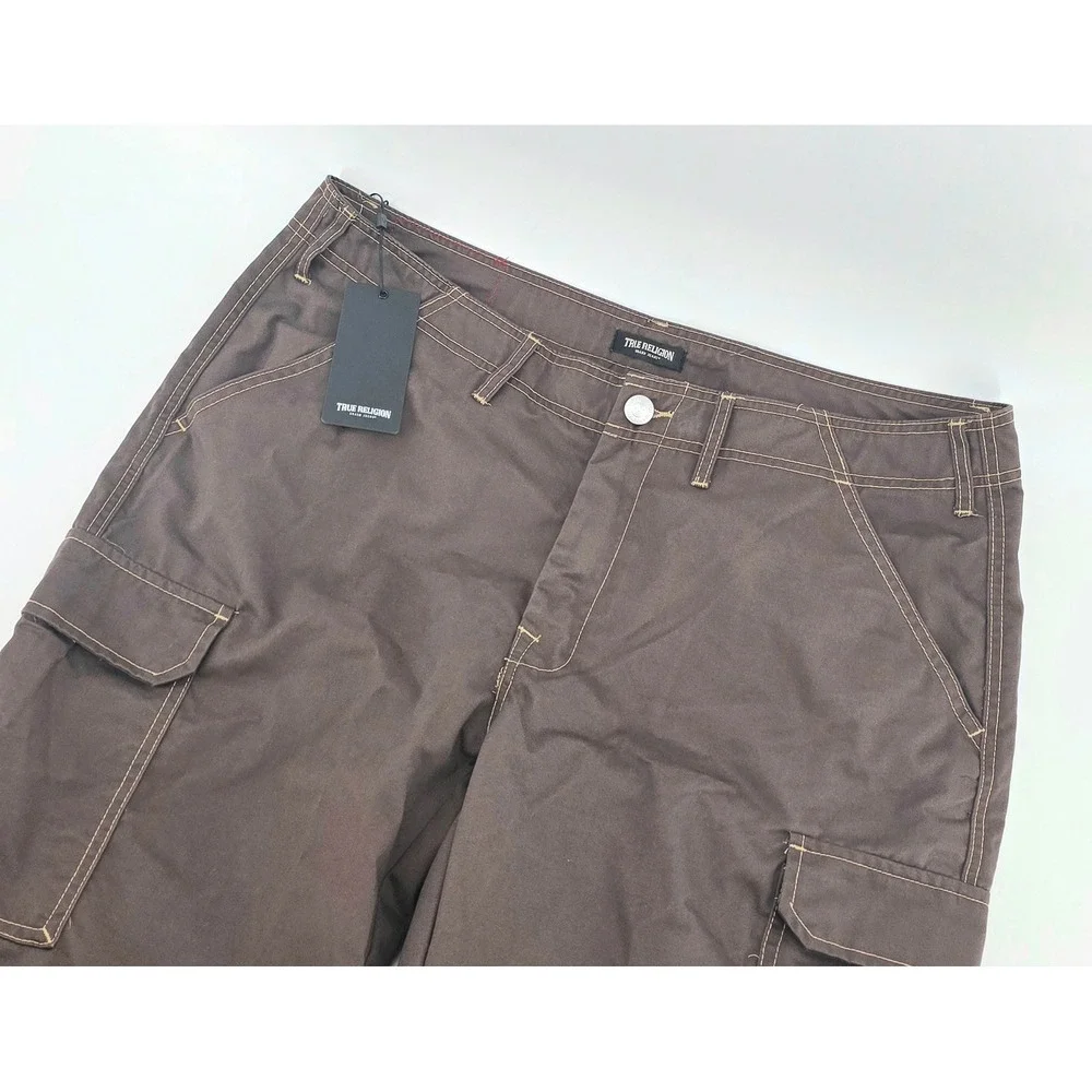 True Religion Gorpcore Cargo Pants Size 36 Mens Brown Contrast Stitch NWT